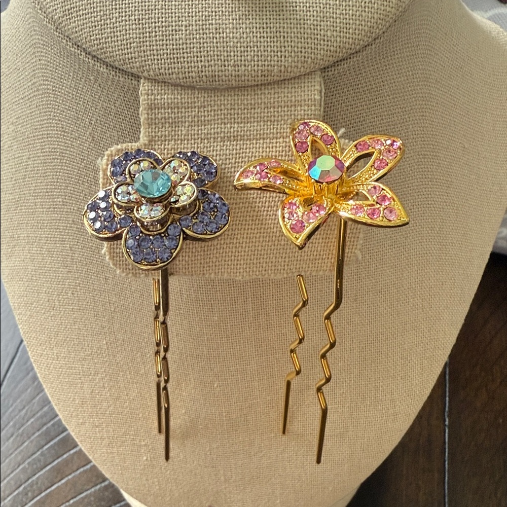 Elegant Floral Hair Pins with Gold, Pink, and Purple Accents